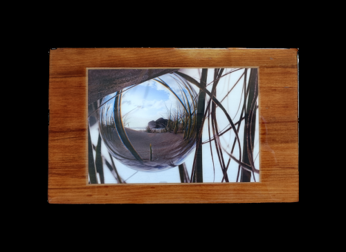 Photo of lensball at Te Henga Beach mounted on Heart Rimu Wood